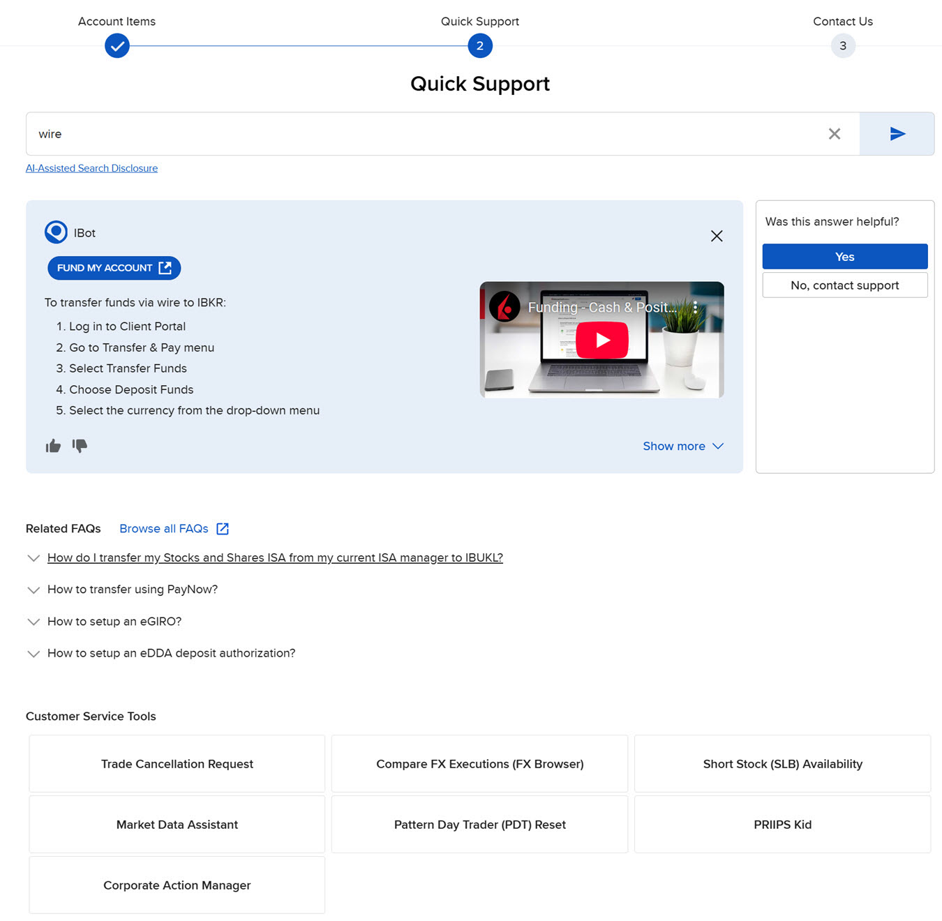 The quick support search results in portal. 